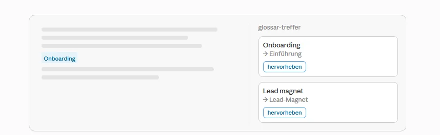 Screenshot of the editor plugin flagging glossary terms in a German-language draft, suggesting 'Onboarding' → 'Einführung'